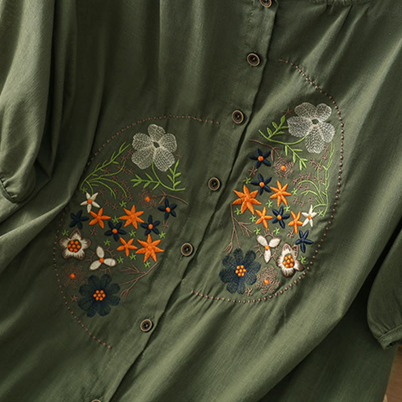 Vintage Asymmetrical Embroidery Flower Plant Pattern Women's Cotton Linen Short Sleeve Jacket Shirt