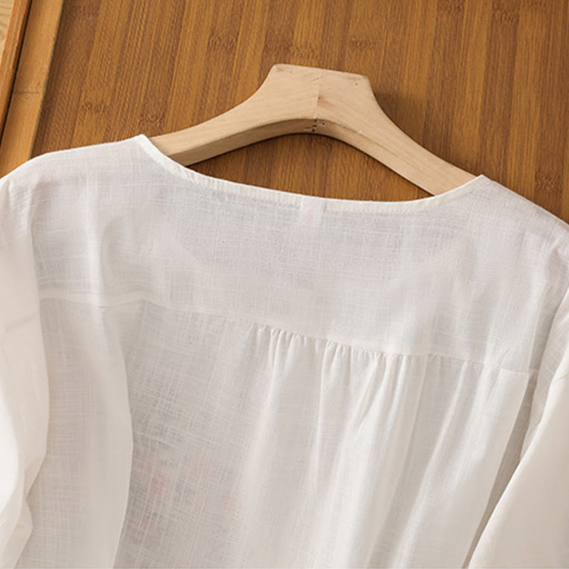 Vintage Asymmetrical Embroidery Flower Plant Pattern Women's Cotton Linen Short Sleeve Jacket Shirt