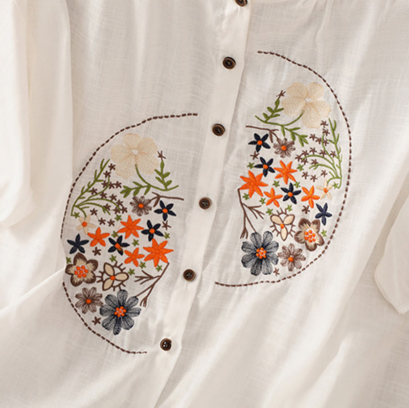 Vintage Asymmetrical Embroidery Flower Plant Pattern Women's Cotton Linen Short Sleeve Jacket Shirt