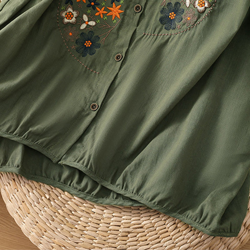 Vintage Asymmetrical Embroidery Flower Plant Pattern Women's Cotton Linen Short Sleeve Jacket Shirt