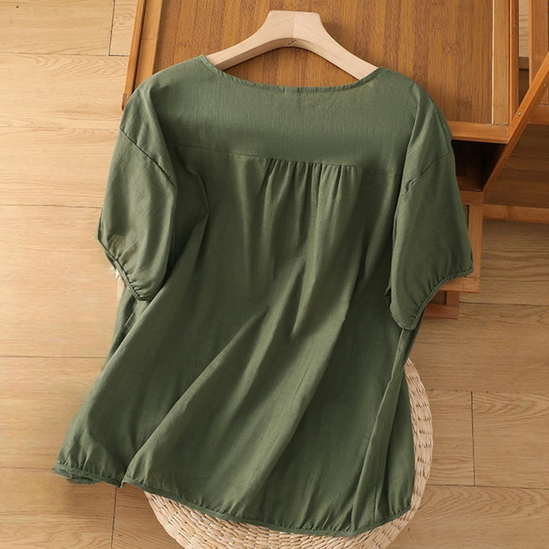 Vintage Asymmetrical Embroidery Flower Plant Pattern Women's Cotton Linen Short Sleeve Jacket Shirt