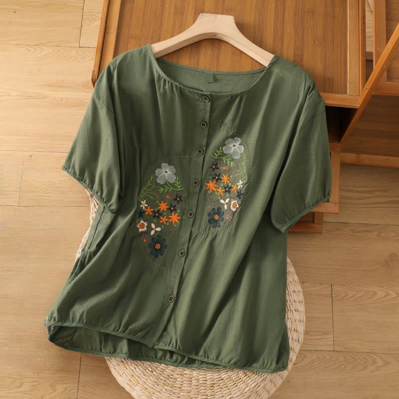 Vintage Asymmetrical Embroidery Flower Plant Pattern Women's Cotton Linen Short Sleeve Jacket Shirt
