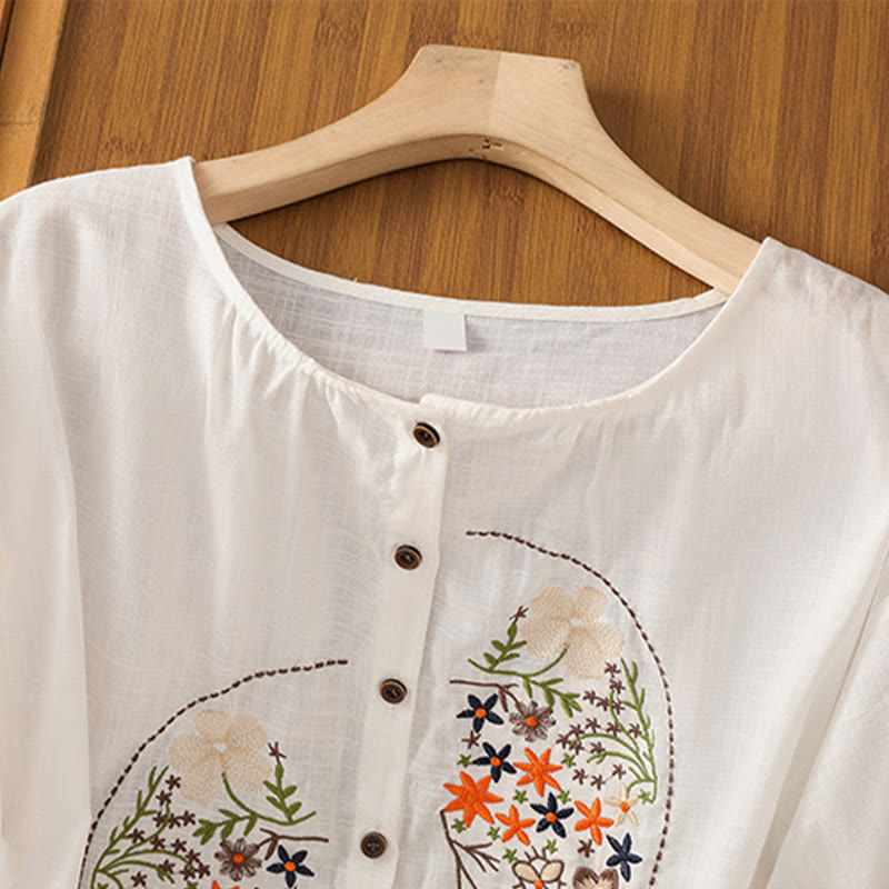 Vintage Asymmetrical Embroidery Flower Plant Pattern Women's Cotton Linen Short Sleeve Jacket Shirt