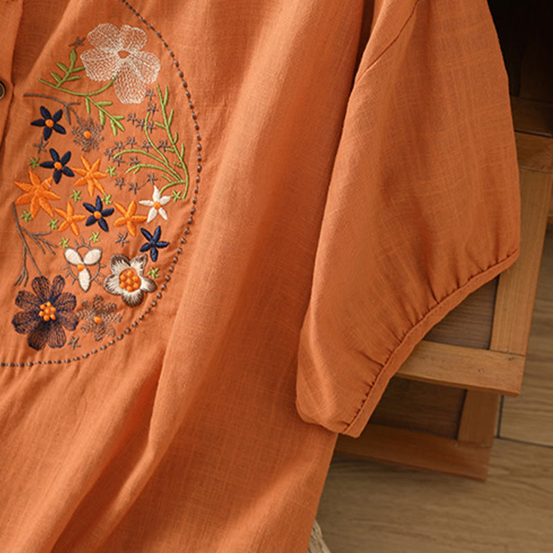 Vintage Asymmetrical Embroidery Flower Plant Pattern Women's Cotton Linen Short Sleeve Jacket Shirt