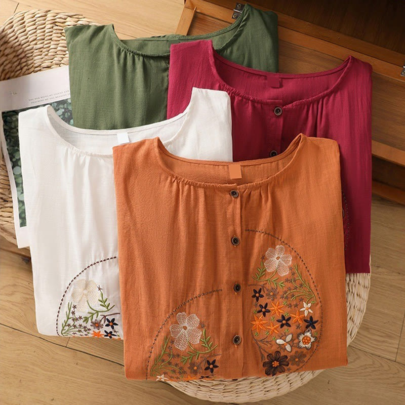 Vintage Asymmetrical Embroidery Flower Plant Pattern Women's Cotton Linen Short Sleeve Jacket Shirt
