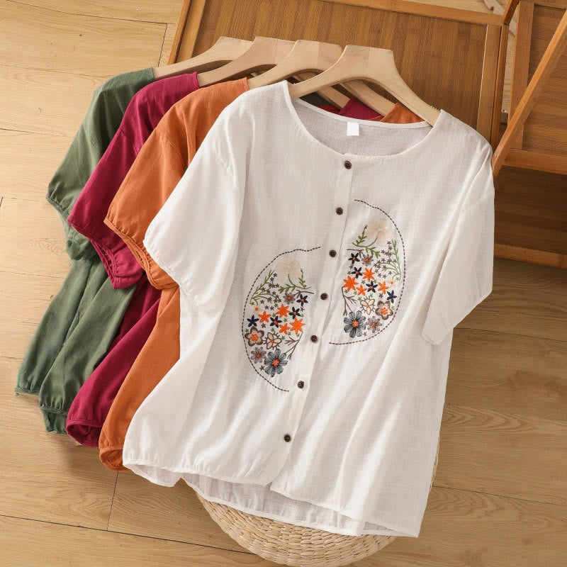 Vintage Asymmetrical Embroidery Flower Plant Pattern Women's Cotton Linen Short Sleeve Jacket Shirt