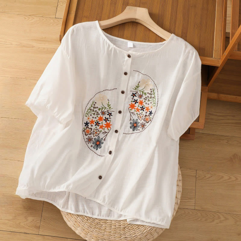 Vintage Asymmetrical Embroidery Flower Plant Pattern Women's Cotton Linen Short Sleeve Jacket Shirt