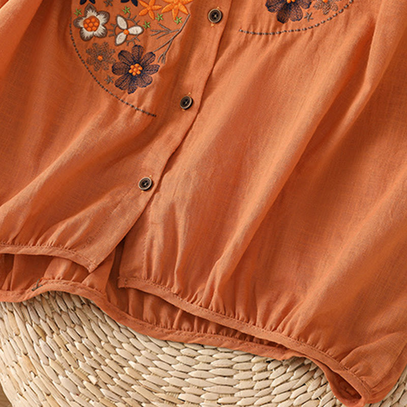 Vintage Asymmetrical Embroidery Flower Plant Pattern Women's Cotton Linen Short Sleeve Jacket Shirt