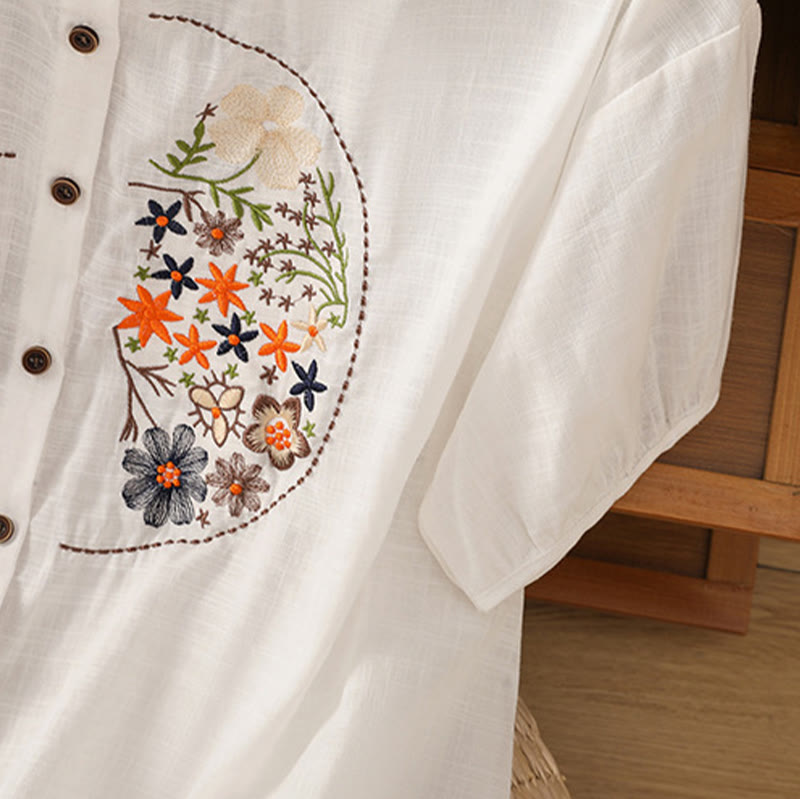 Vintage Asymmetrical Embroidery Flower Plant Pattern Women's Cotton Linen Short Sleeve Jacket Shirt