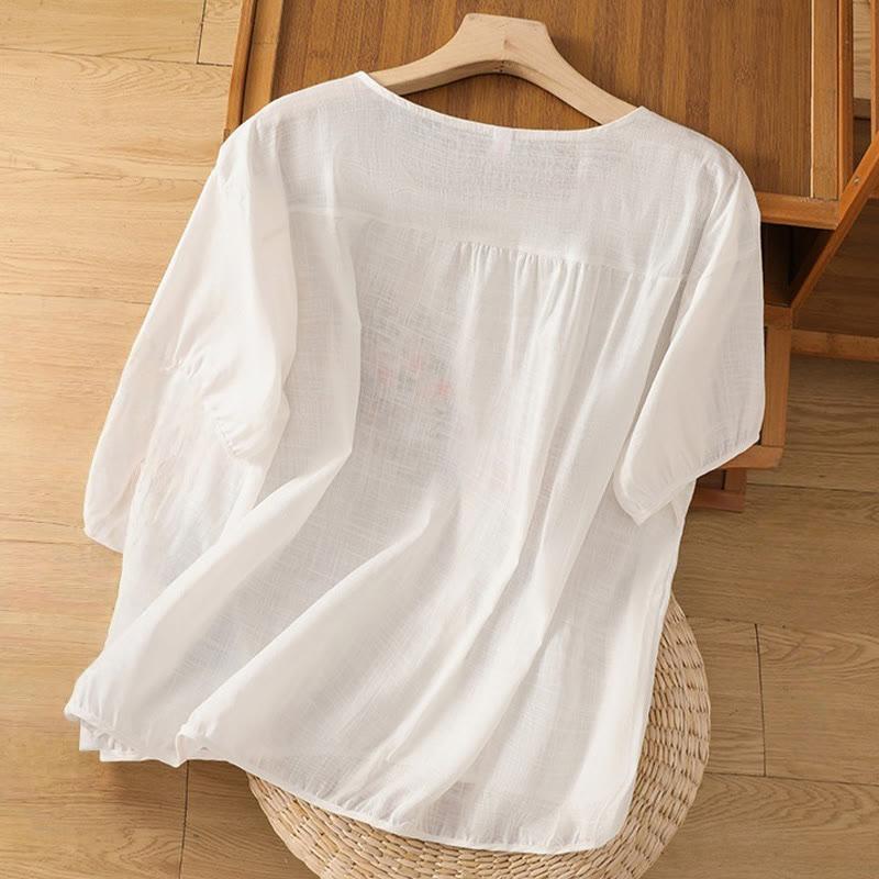 Vintage Asymmetrical Embroidery Flower Plant Pattern Women's Cotton Linen Short Sleeve Jacket Shirt