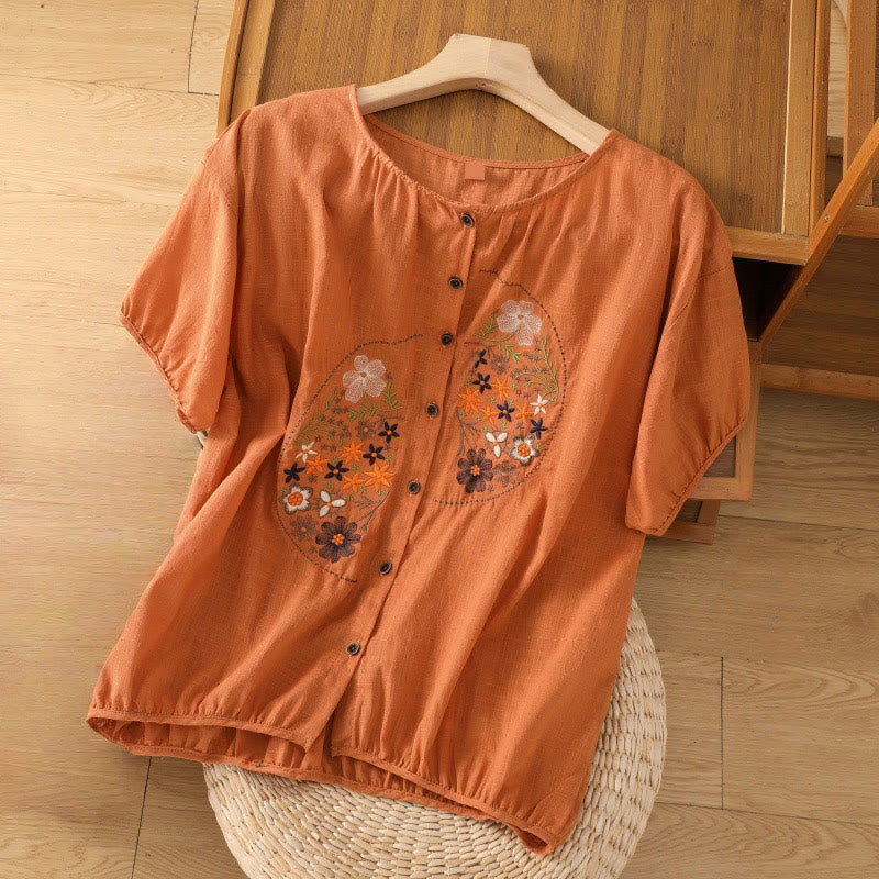 Vintage Asymmetrical Embroidery Flower Plant Pattern Women's Cotton Linen Short Sleeve Jacket Shirt