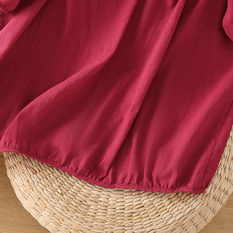 Vintage Asymmetrical Embroidery Flower Plant Pattern Women's Cotton Linen Short Sleeve Jacket Shirt