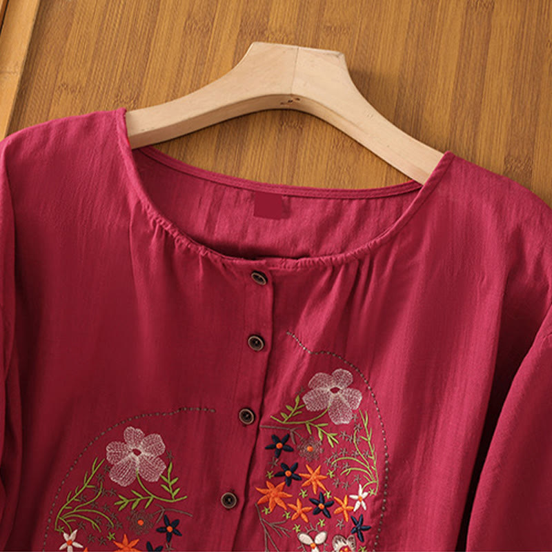 Vintage Asymmetrical Embroidery Flower Plant Pattern Women's Cotton Linen Short Sleeve Jacket Shirt