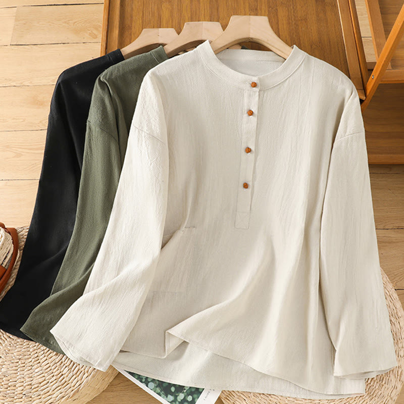 Tactile Cotton Linen Stand Collar Mindful Shirt
