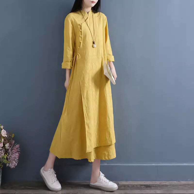 Cotton Linen Frog-Button Side-Tie Mindful Midi Dress