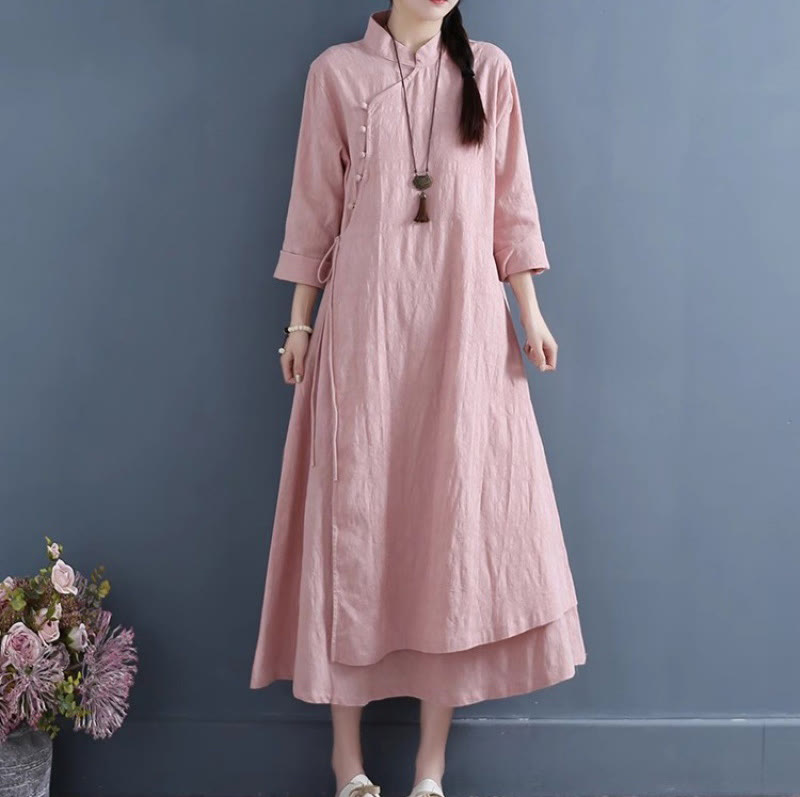 Cotton Linen Frog-Button Side-Tie Mindful Midi Dress
