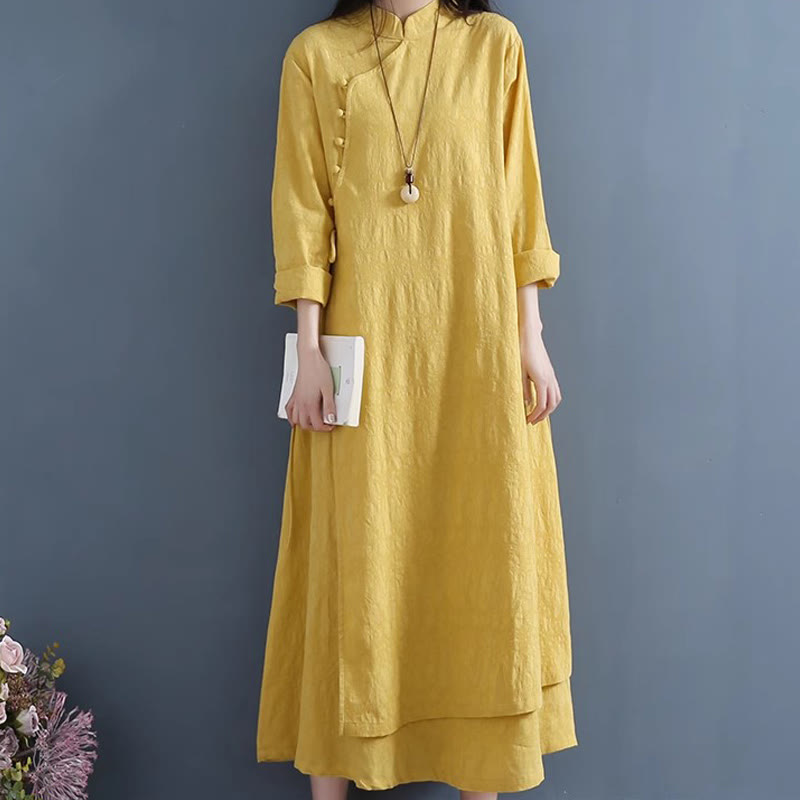 Cotton Linen Frog-Button Side-Tie Mindful Midi Dress