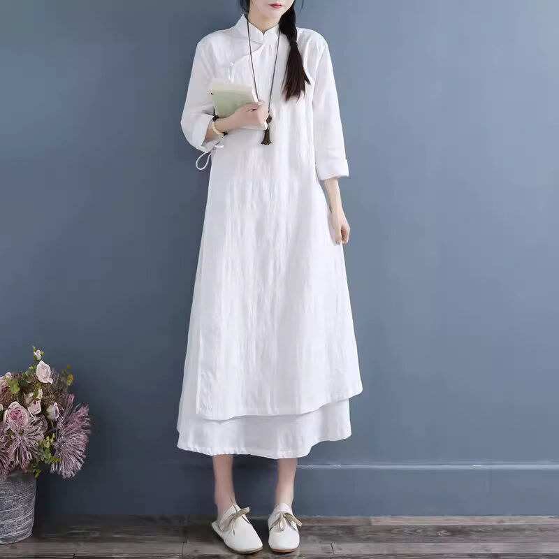 Cotton Linen Frog-Button Side-Tie Mindful Midi Dress