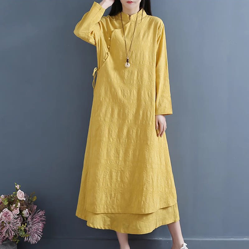 Cotton Linen Frog-Button Side-Tie Mindful Midi Dress
