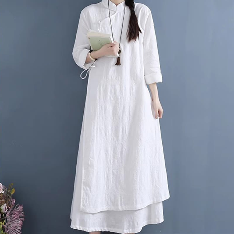 Cotton Linen Frog-Button Side-Tie Mindful Midi Dress