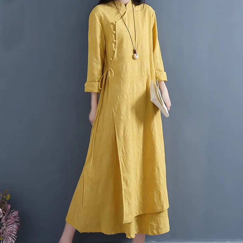 Cotton Linen Frog-Button Side-Tie Mindful Midi Dress