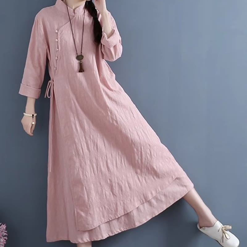Cotton Linen Frog-Button Side-Tie Mindful Midi Dress