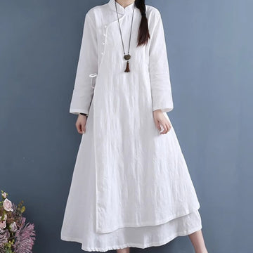 Cotton Linen Frog-Button Side-Tie Mindful Midi Dress