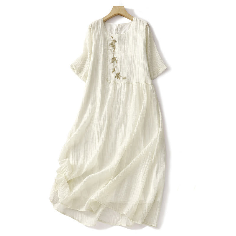 Embroidered Cotton Linen Double-Layer Meditative Midi Dress