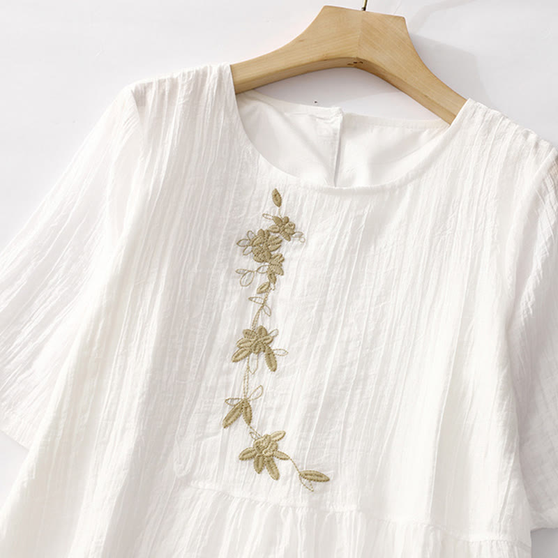 Embroidered Cotton Linen Double-Layer Meditative Midi Dress