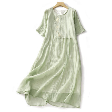 Embroidered Cotton Linen Double-Layer Meditative Midi Dress