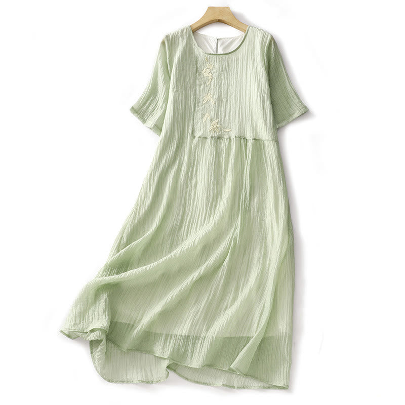 Embroidered Cotton Linen Double-Layer Meditative Midi Dress