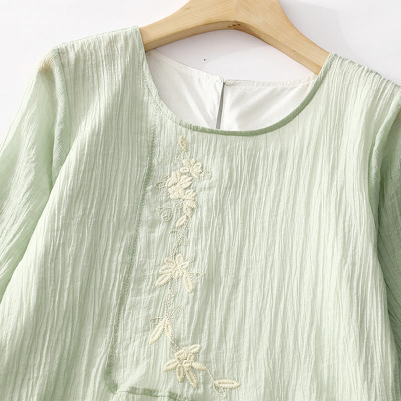 Embroidered Cotton Linen Double-Layer Meditative Midi Dress