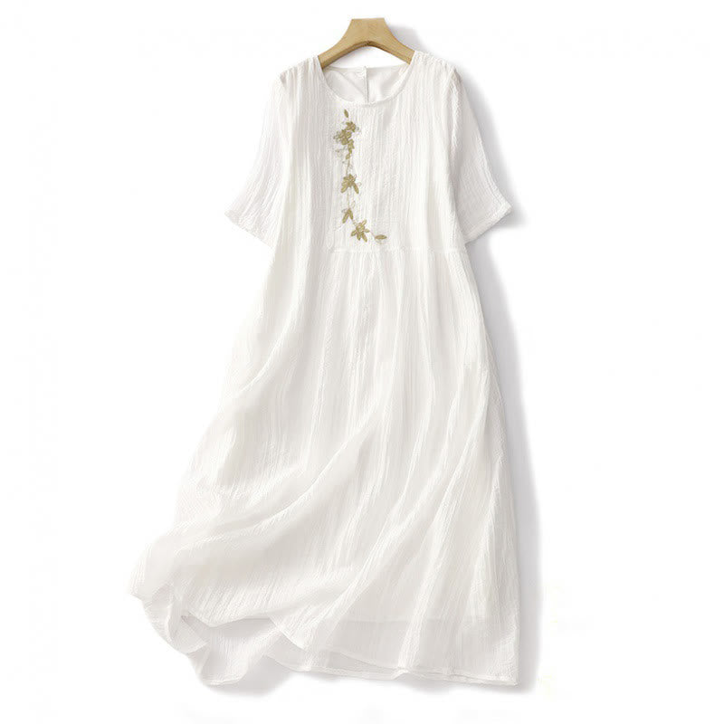 Embroidered Cotton Linen Double-Layer Meditative Midi Dress