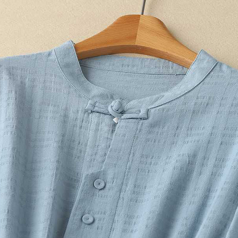 Grounded Cotton Linen Stand Collar Meditation Midi Dress