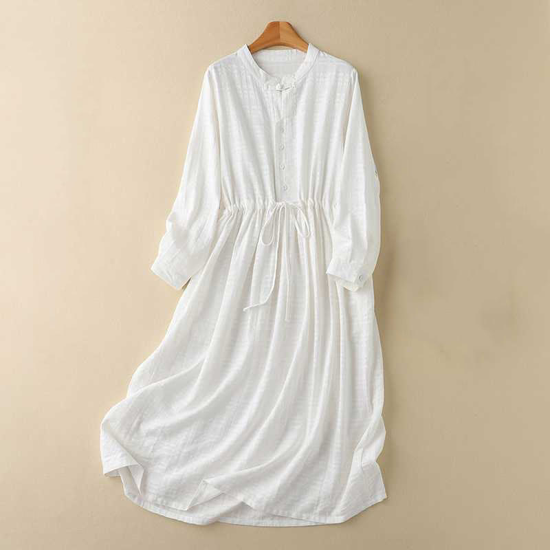 Grounded Cotton Linen Stand Collar Meditation Midi Dress