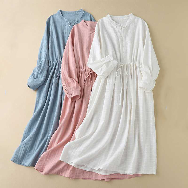 Grounded Cotton Linen Stand Collar Meditation Midi Dress
