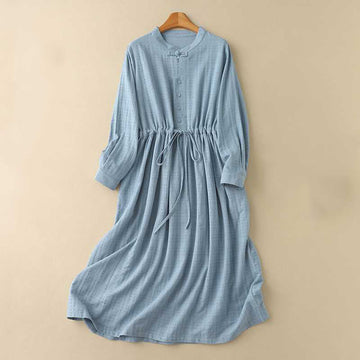 Grounded Cotton Linen Stand Collar Meditation Midi Dress