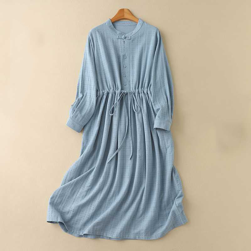 Grounded Cotton Linen Stand Collar Meditation Midi Dress