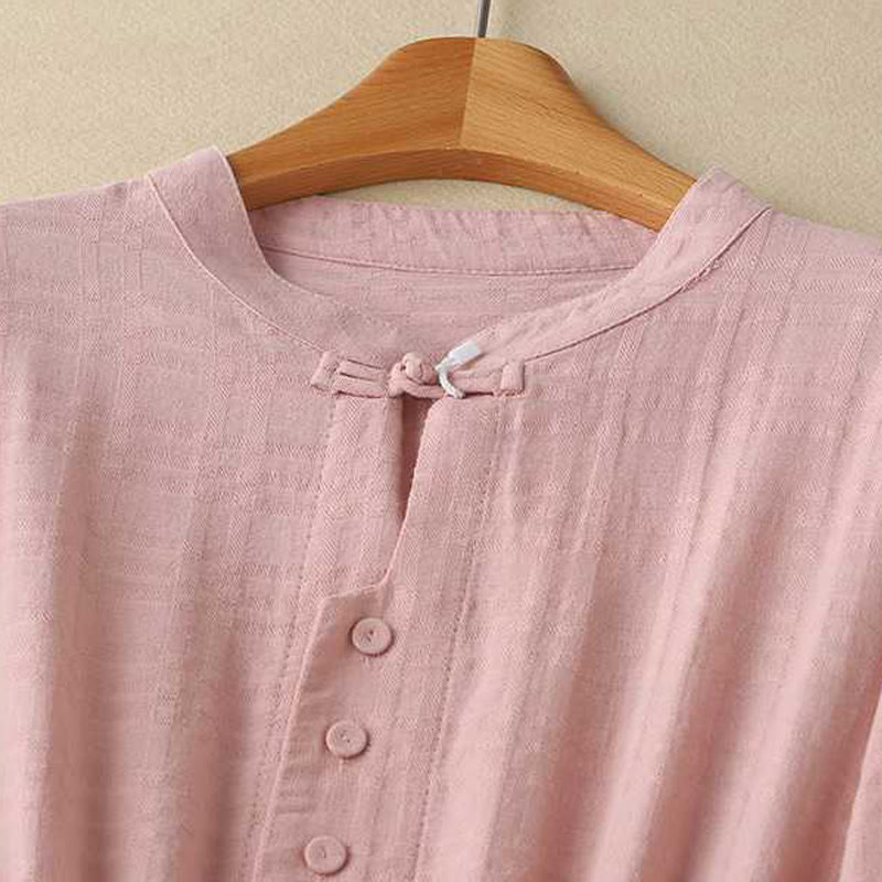 Grounded Cotton Linen Stand Collar Meditation Midi Dress
