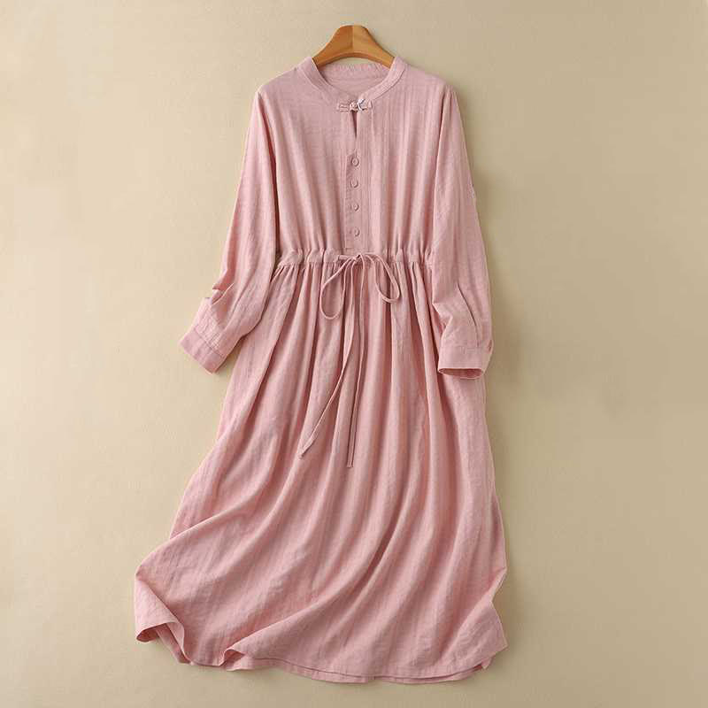 Grounded Cotton Linen Stand Collar Meditation Midi Dress
