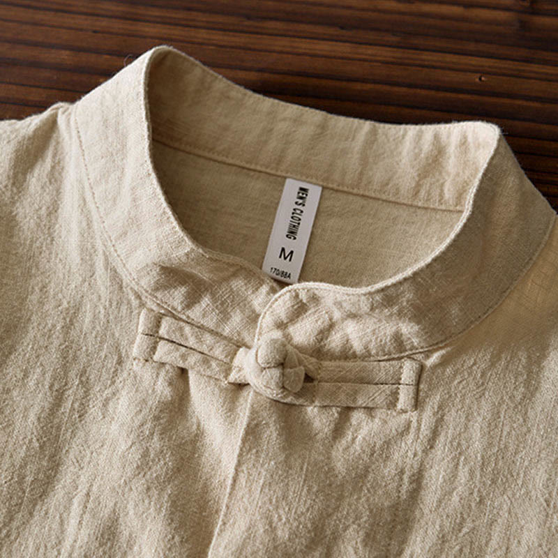Frog-Button Chinese Tang Suit Cotton Linen Men Jacket Shirt With Pockets