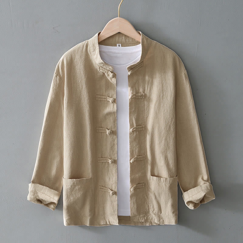 Frog-Button Chinese Tang Suit Cotton Linen Men Jacket Shirt With Pockets