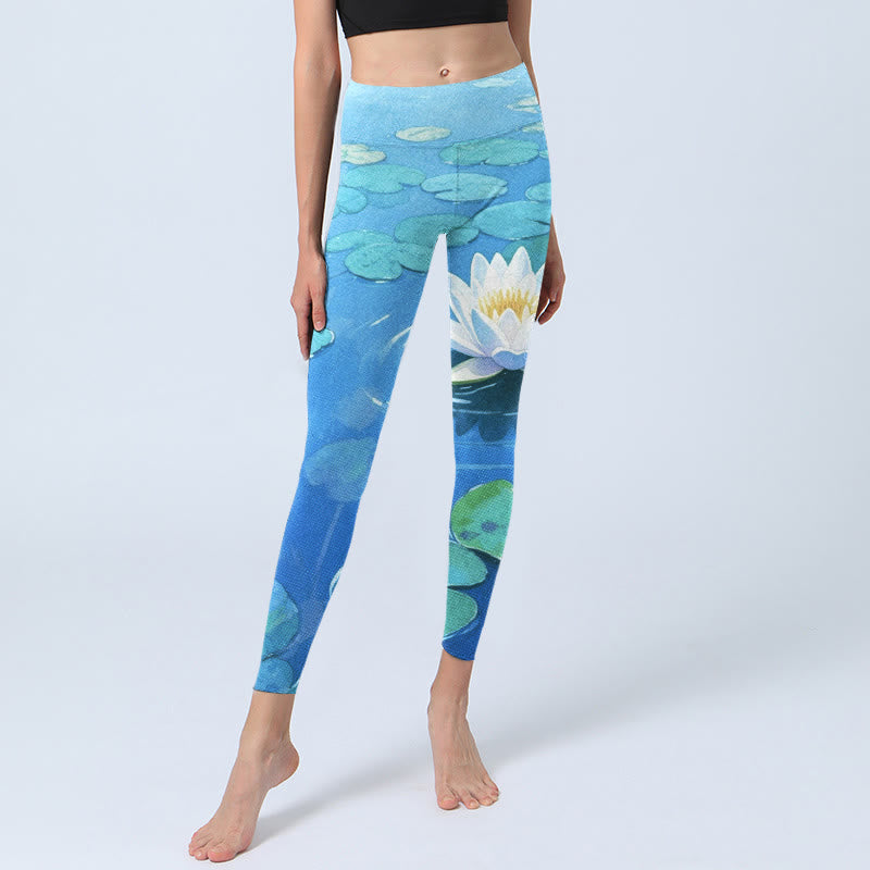 White Lotus Flower Green Lotus Leaves Pattern Print Gym Leggings Women's Yoga Pants