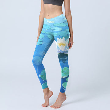 White Lotus Flower Green Lotus Leaves Pattern Print Gym Leggings Women's Yoga Pants