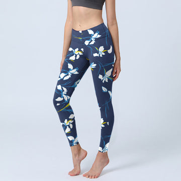 White Blossom Leaves Pattern Print Gym Leggings Women's Yoga Pants