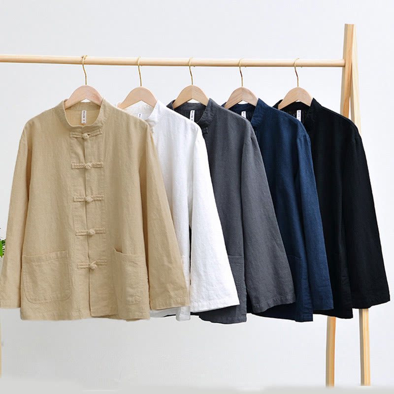 Frog-Button Chinese Tang Suit Cotton Linen Men Jacket Shirt With Pockets