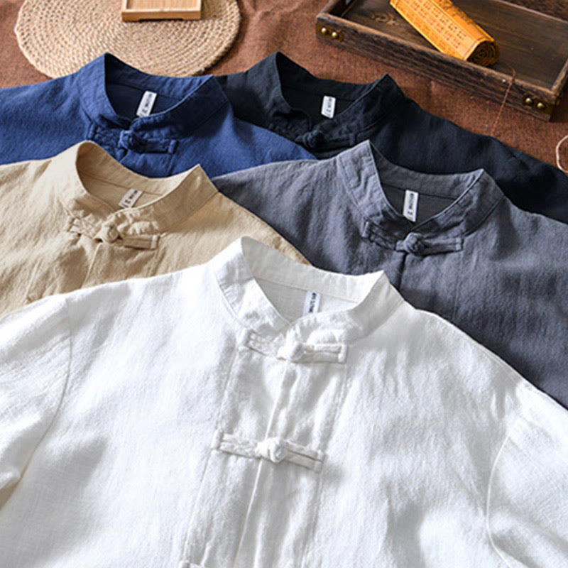 Frog-Button Chinese Tang Suit Cotton Linen Men Jacket Shirt With Pockets
