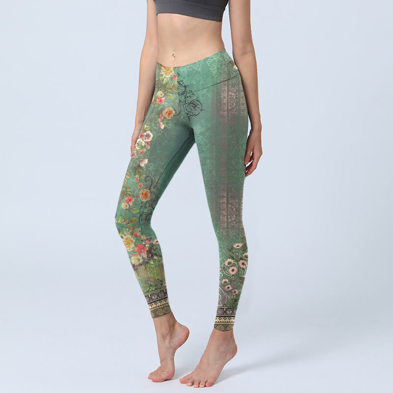 Vintage Floral Garland Lace Damask Pattern Print Gym Leggings Women's Yoga Pants