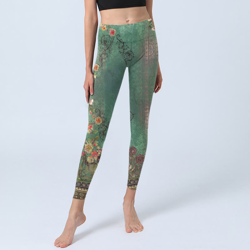 Vintage Floral Garland Lace Damask Pattern Print Gym Leggings Women's Yoga Pants