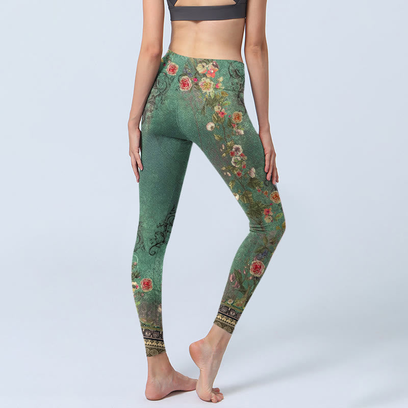 Vintage Floral Garland Lace Damask Pattern Print Gym Leggings Women's Yoga Pants